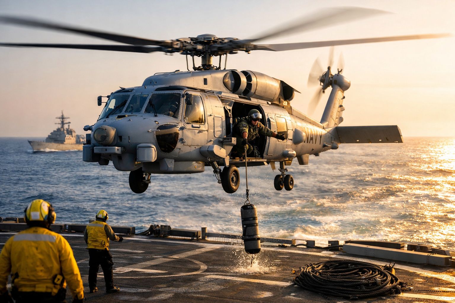 Helicóptero militar da marinha em operação de resgate sobre navio ao pôr do sol no mar.