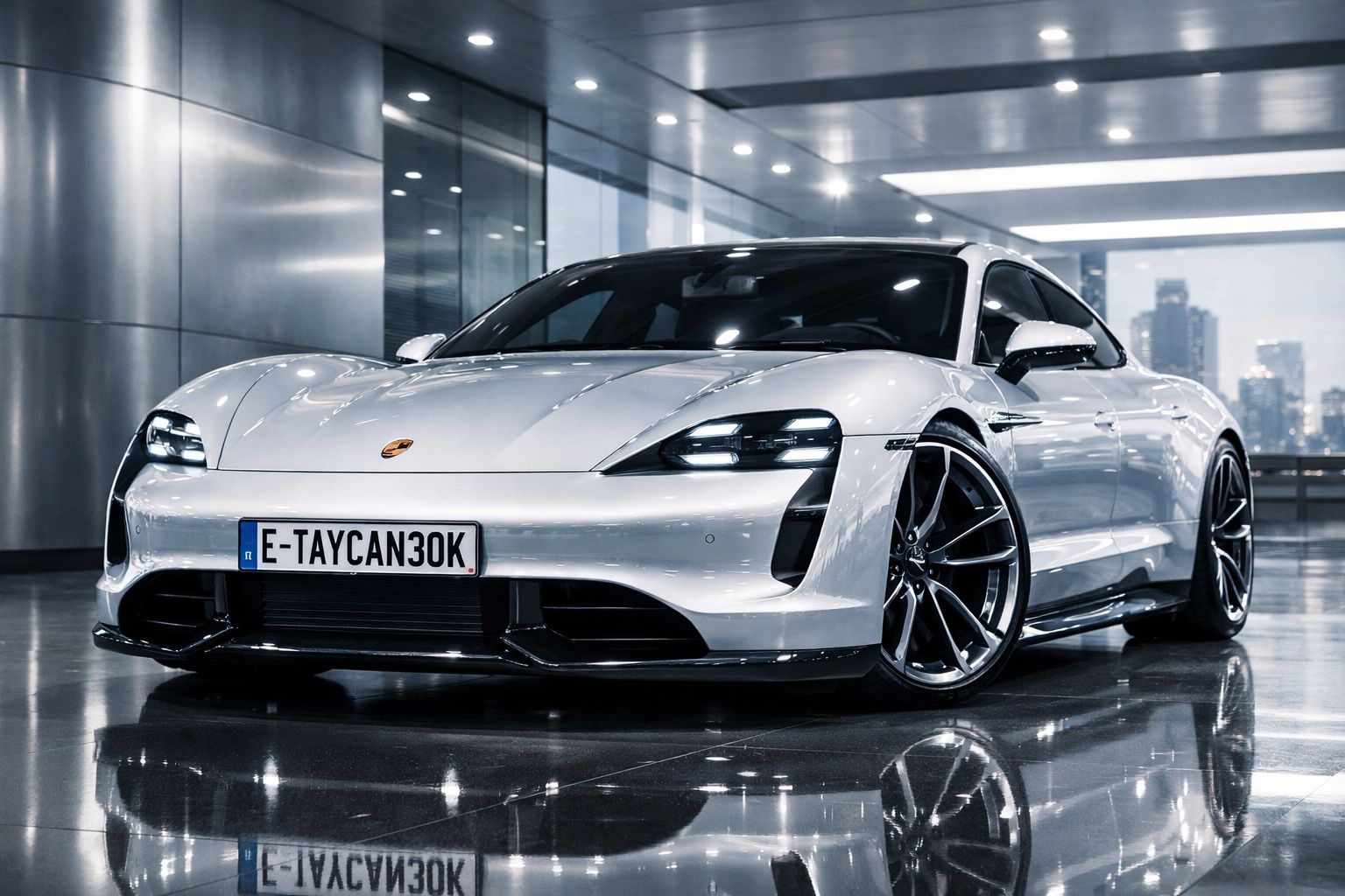 Carro desportivo branco Porsche Taycan estacionado em showroom moderno com chão espelhado e edifícios ao fundo.