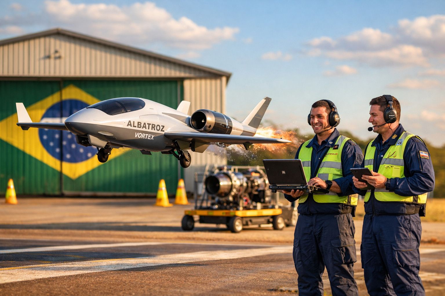 Drone Albatroz Vortex a descolar com dois operários em coletes refletivos e auriculares ao lado.