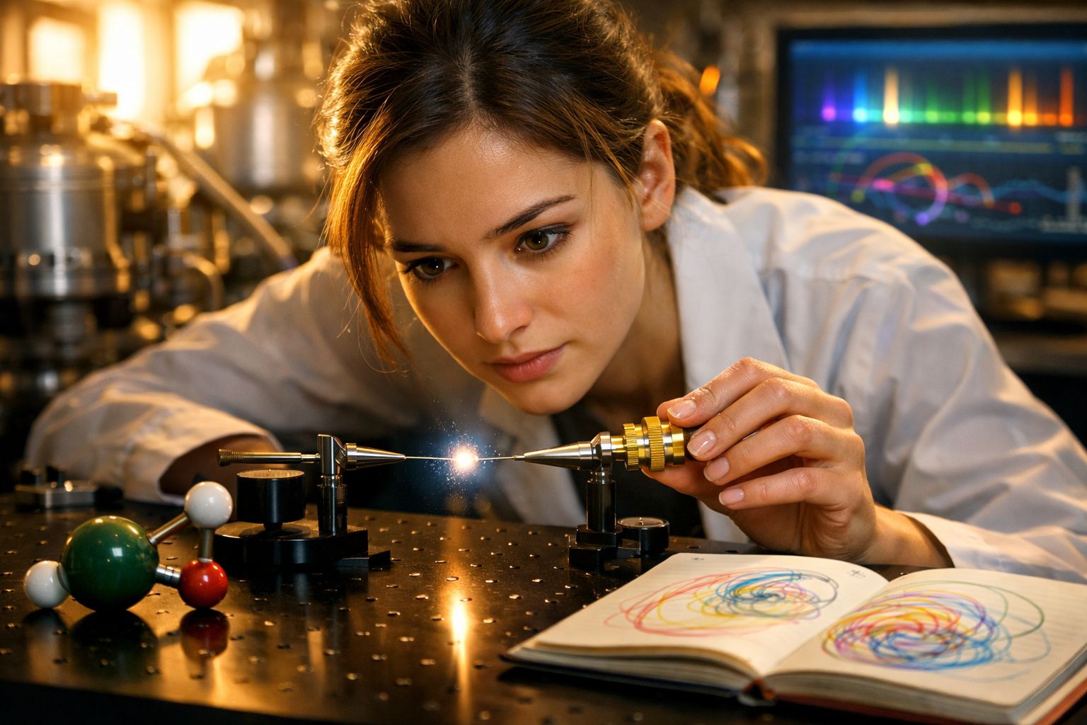 Jovem cientista em laboratório a manipular equipamento óptico com moléculas e gráficos coloridos à volta.