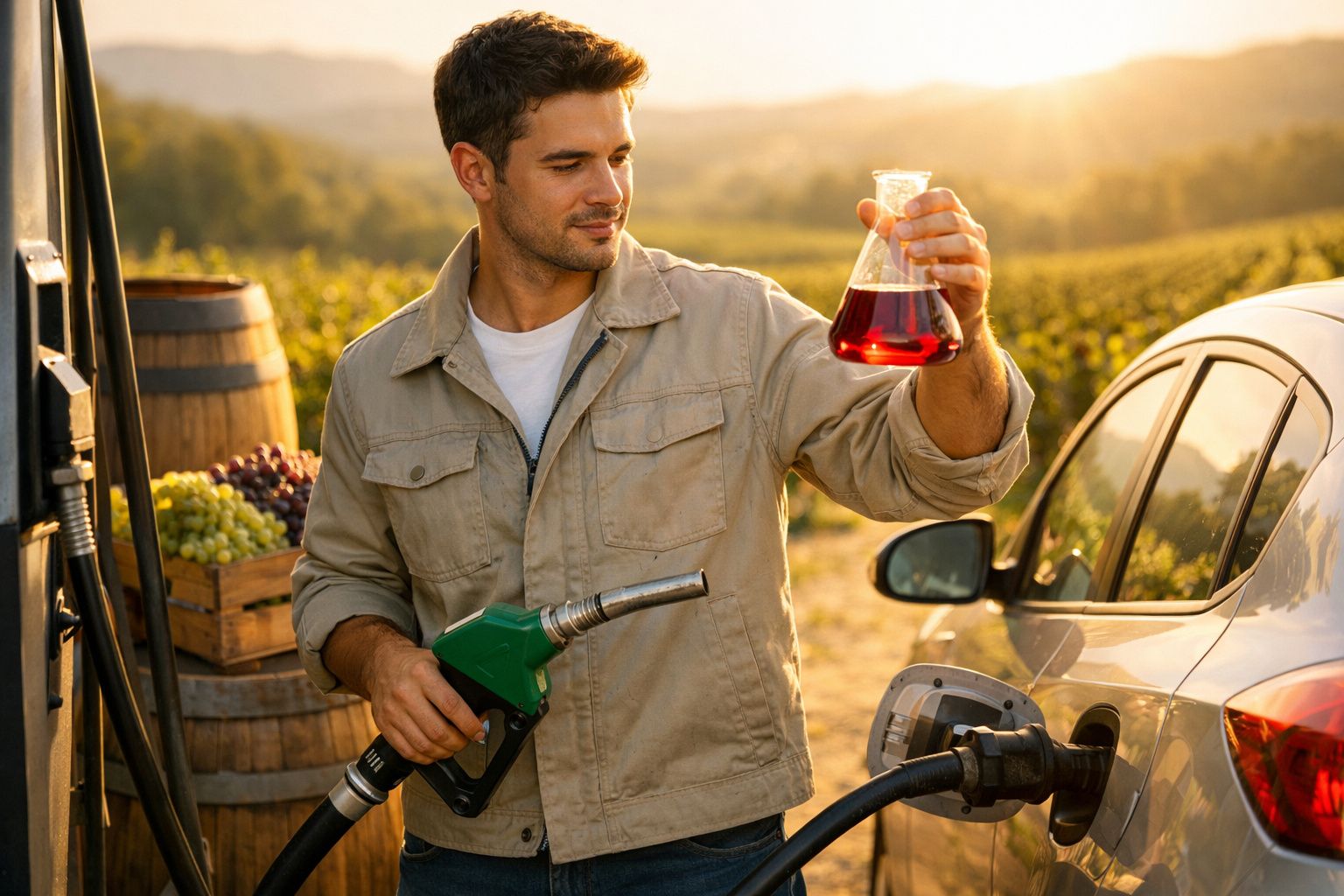 Homem segura garrafa com líquido vermelho e bomba de combustível junto a carro num campo ao pôr do sol.