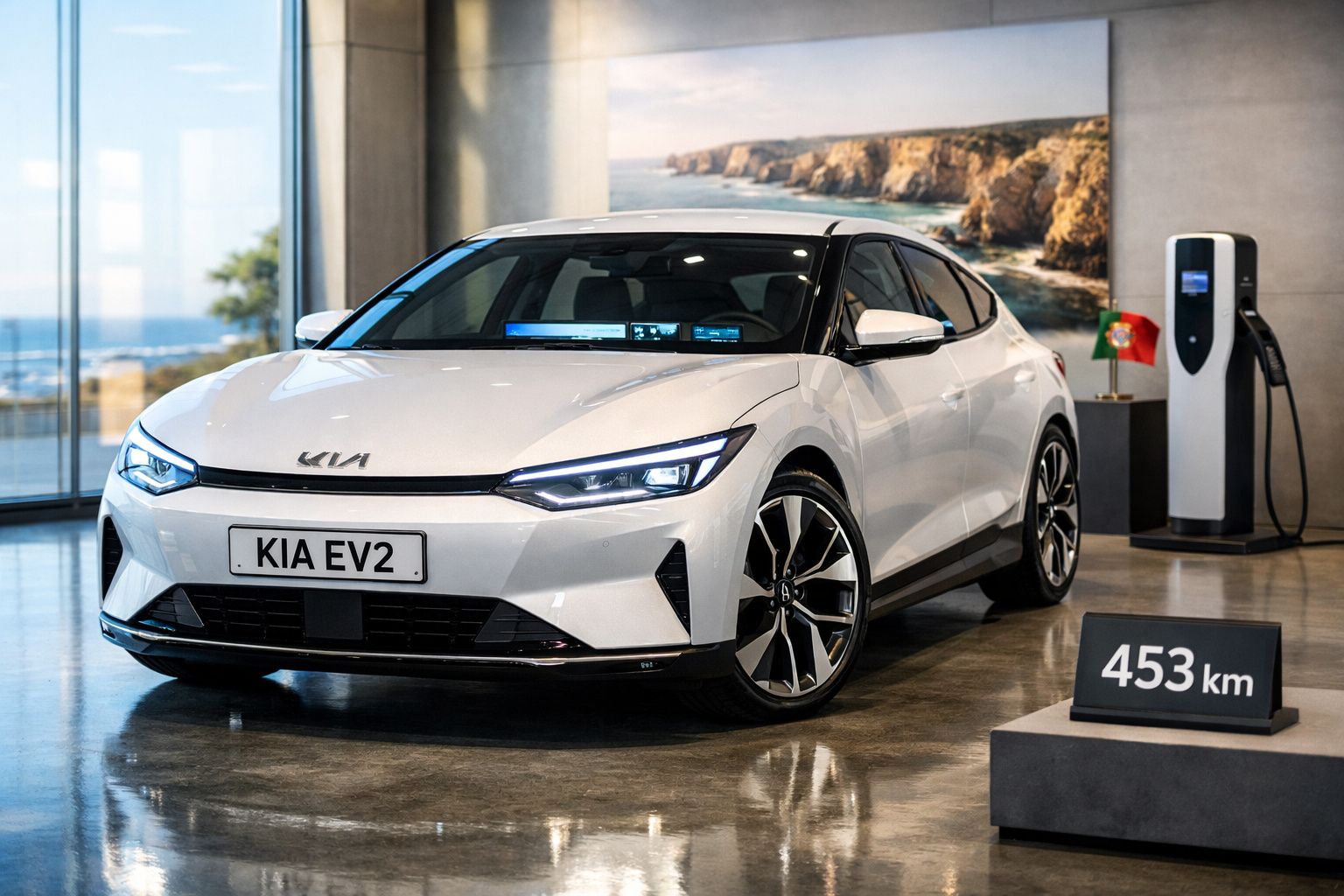 Carro elétrico branco Kia EV2 em exposição interior com painel a indicar autonomia de 453 km e posto de carregamento.