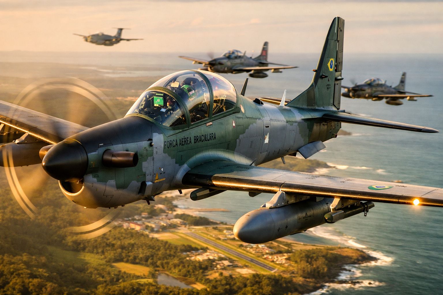 Aviões militares da Força Aérea Brasileira em voo sobre a costa durante o pôr do sol.