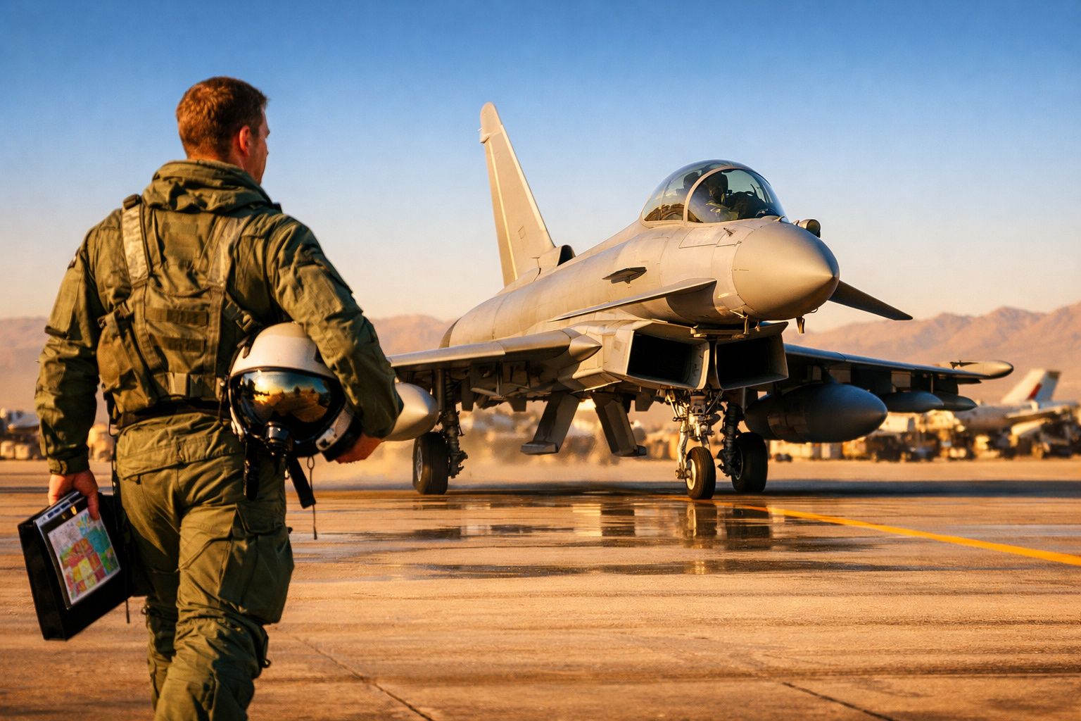Piloto militar com fato verde e capacete na mão observa avião de caça na pista ao pôr do sol.