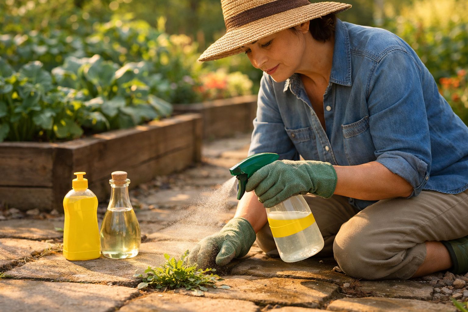 Mulher com chapéu e luvas a borrifar planta no jardim com rega em frascos ao lado.