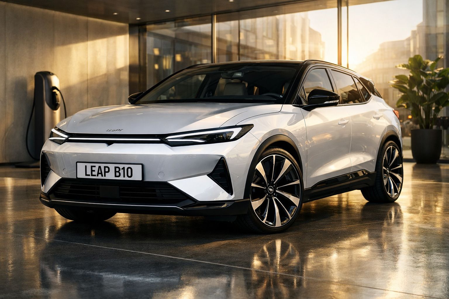 Carro elétrico branco modelo LEAP B10 estacionado em espaço interior moderno com paredes de vidro.