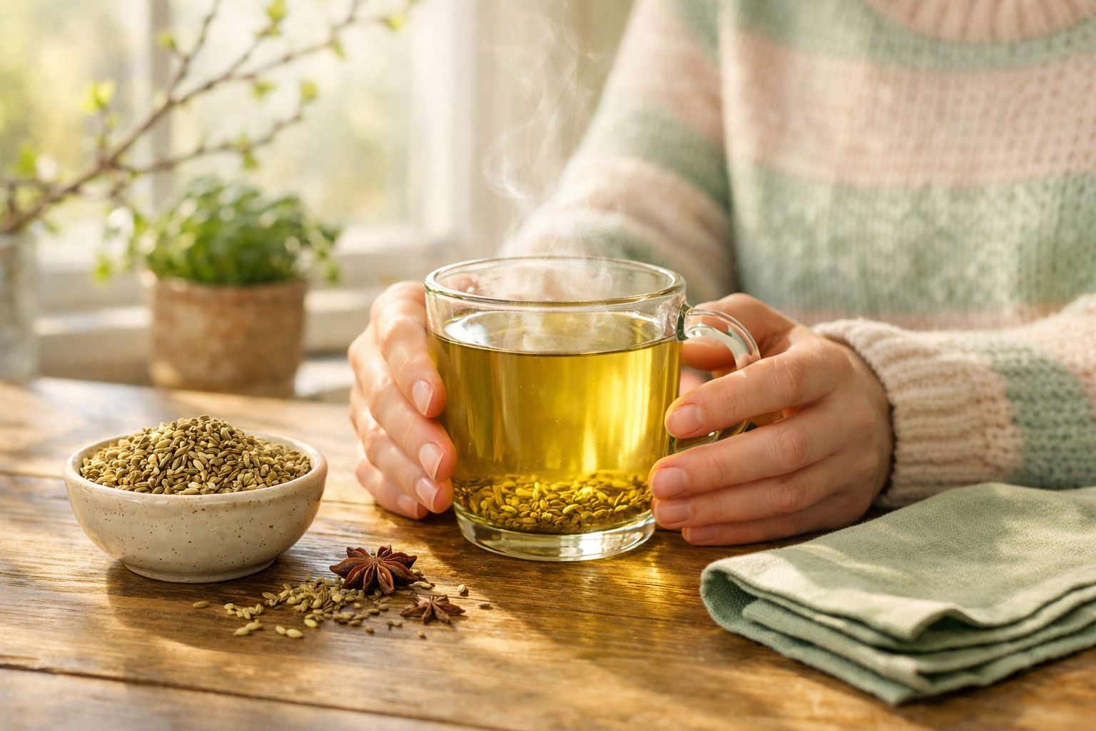 Mãos a segurarem uma chávena de vidro fumegante com chá de ervas sobre mesa de madeira com especiarias.