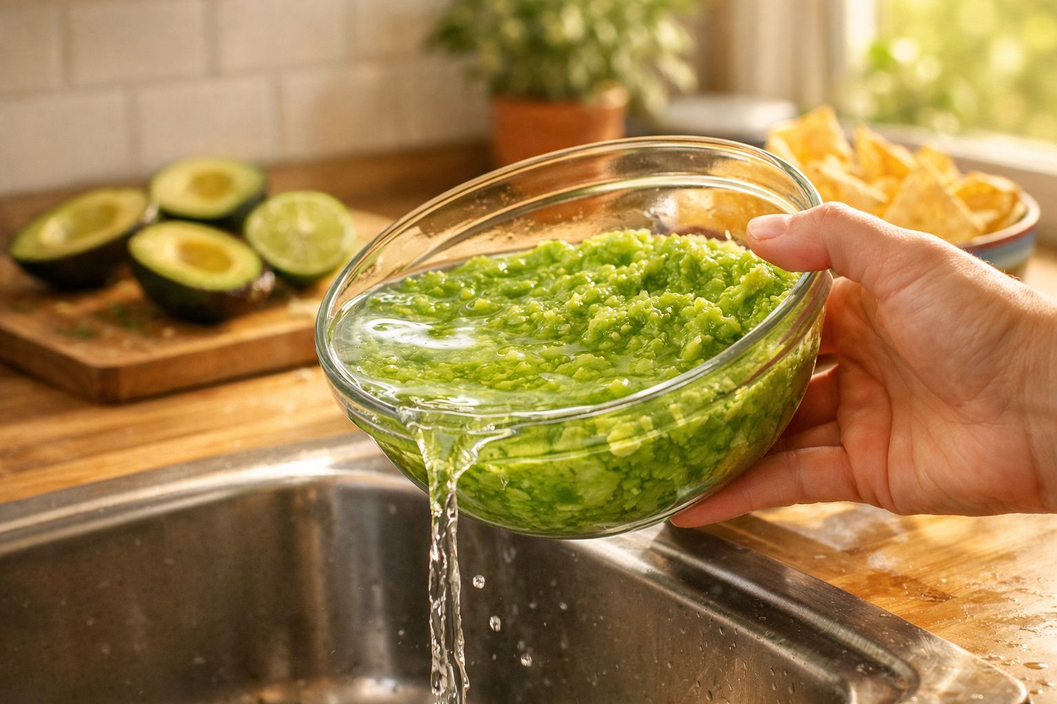 Mão a escorrer água de um recipiente com guacamole junto a abacates partidos e limão numa bancada de cozinha.