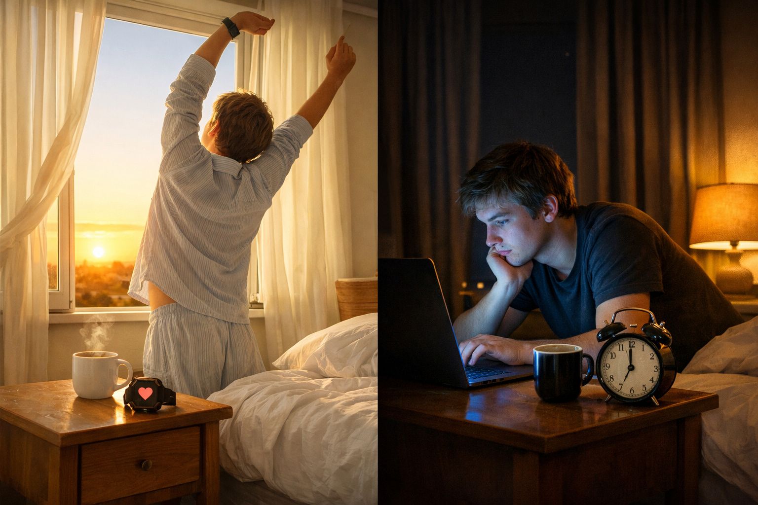 Pessoa a acordar e espreguiçar-se de manhã e a trabalhar no computador à noite com café e relógio despertador.