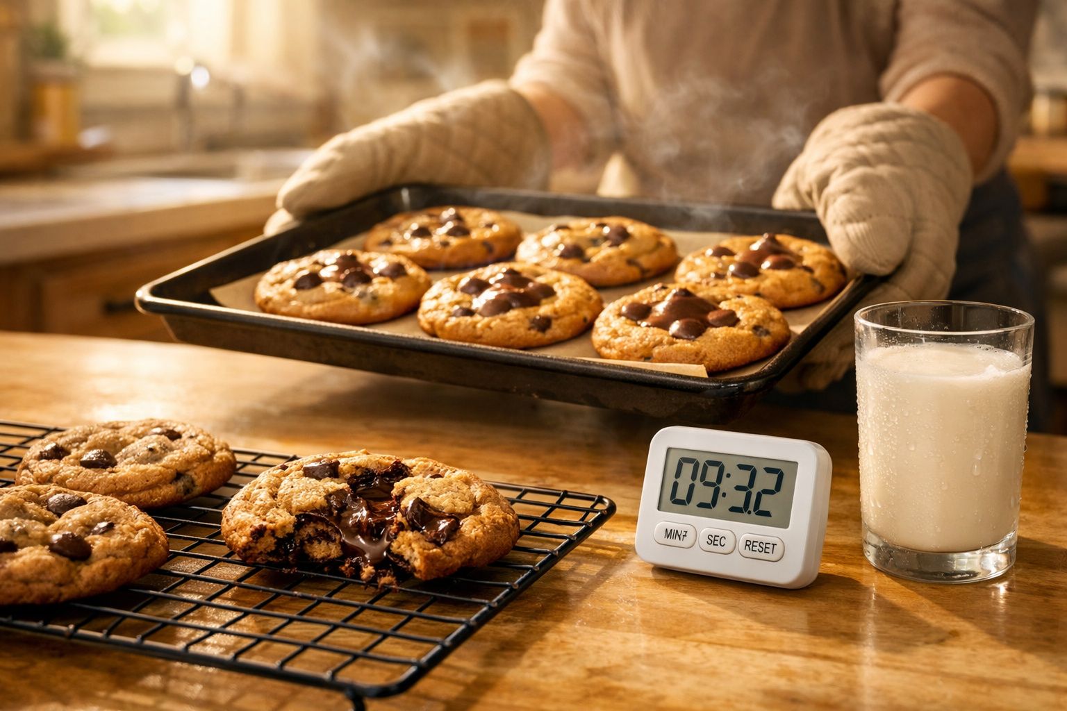 Bandeja com bolachas quentes de chocolate, cronómetro digital a marcar 9:32 e copo de leite na cozinha.