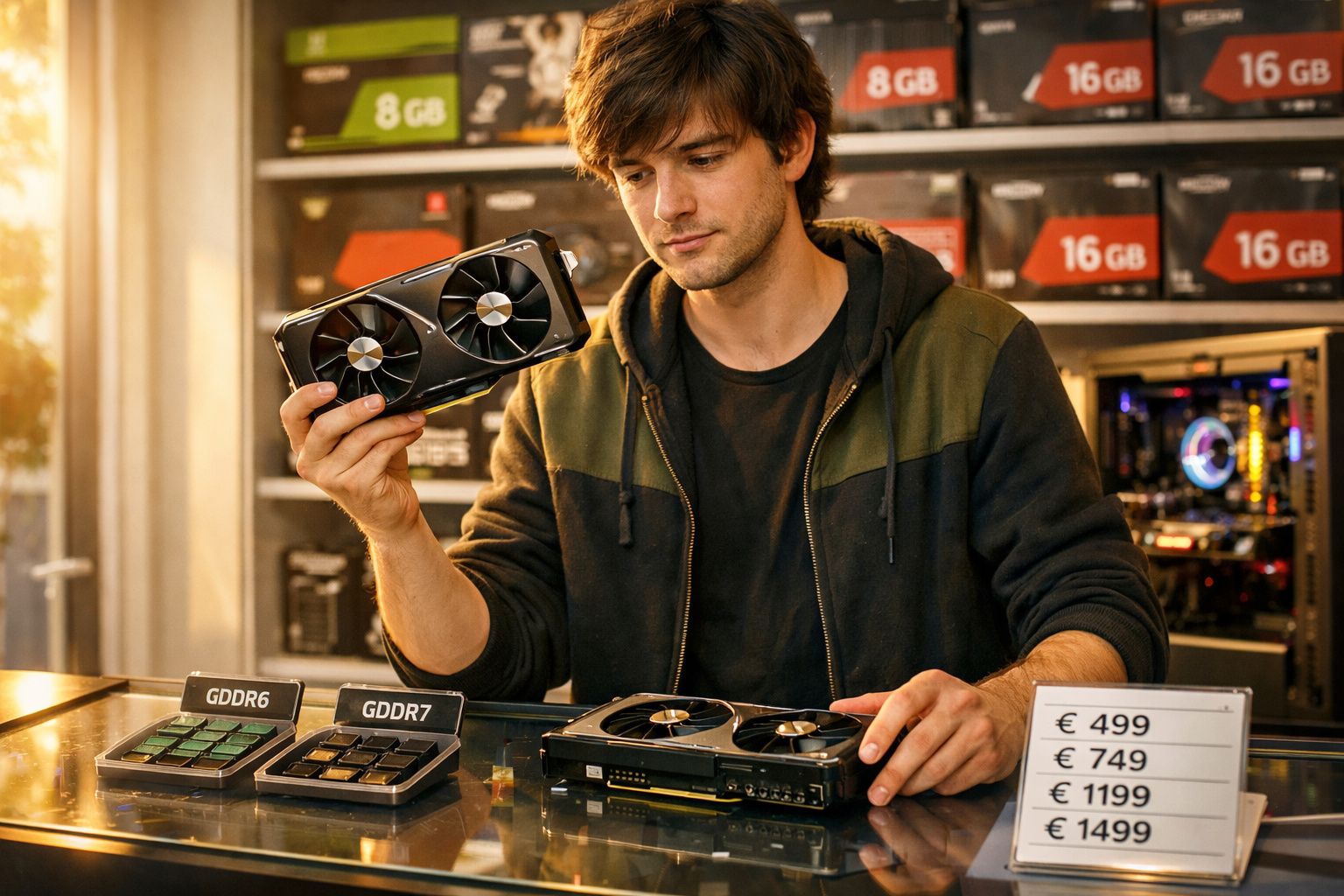Homem a examinar placa gráfica numa loja de informática com caixas e preços ao fundo.