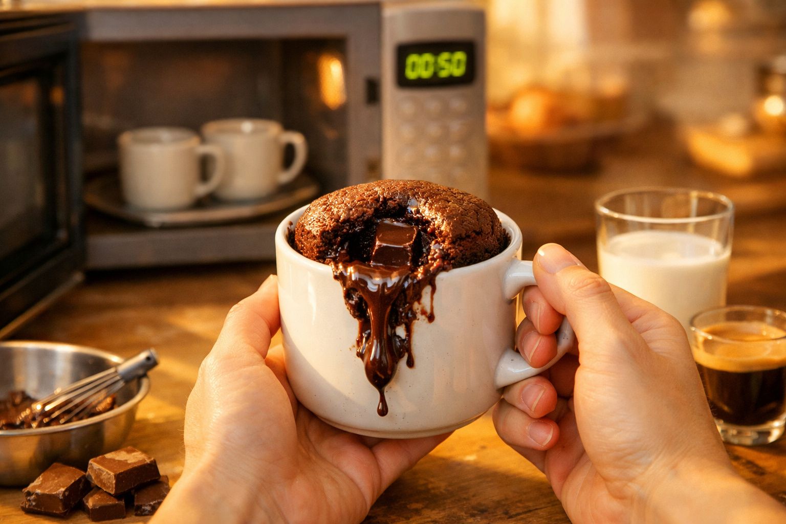 Mãos seguram uma caneca branca com bolo de chocolate quente e derretido a escorrer pelo lado da caneca.