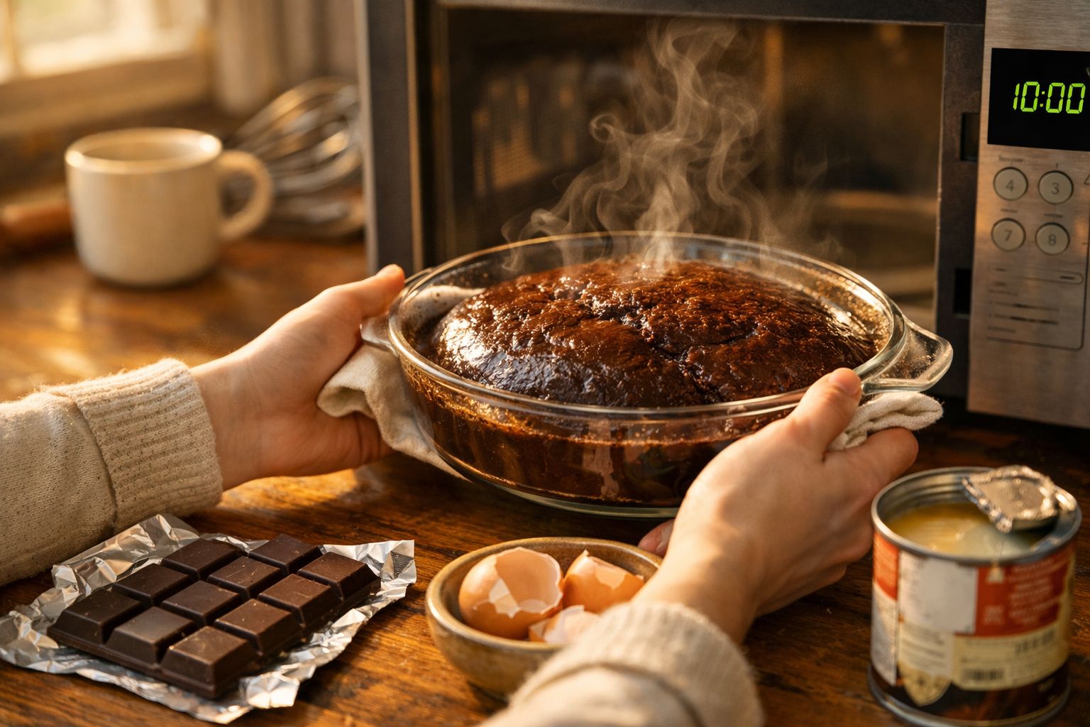 Pessoa a tirar do micro-ondas um bolo de chocolate quente, com pedaços de chocolate e ovos na bancada.