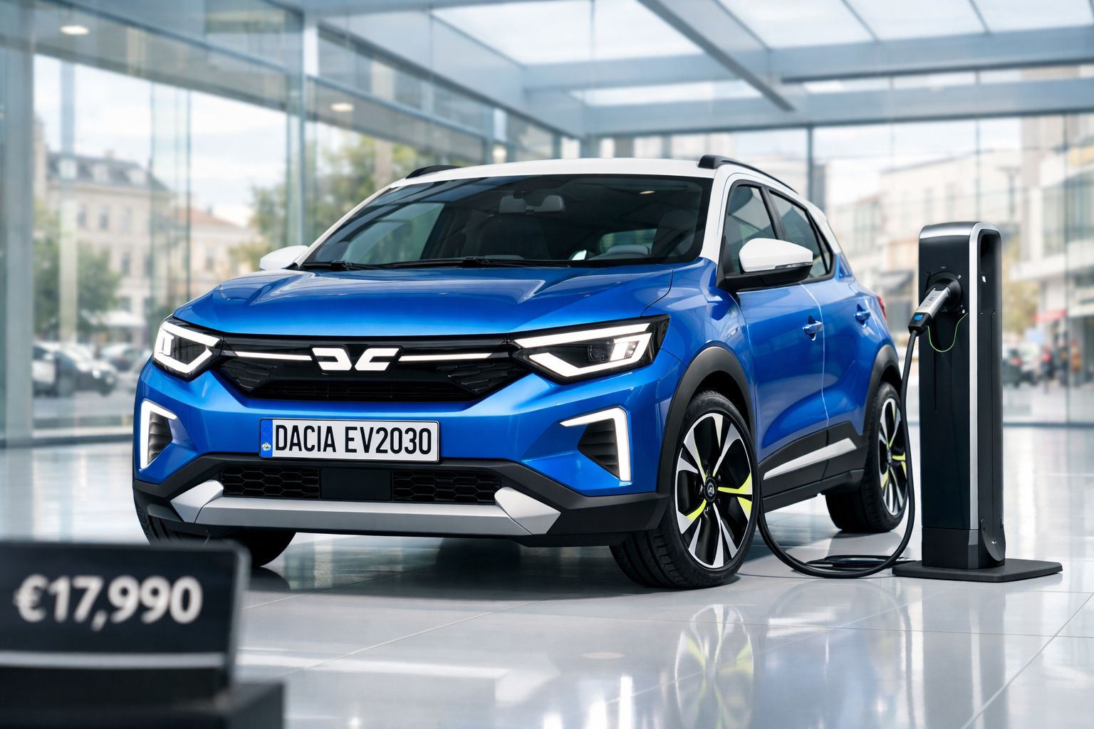 Carro elétrico azul Dacia EV2030 a carregar numa estação dentro de showroom moderno.