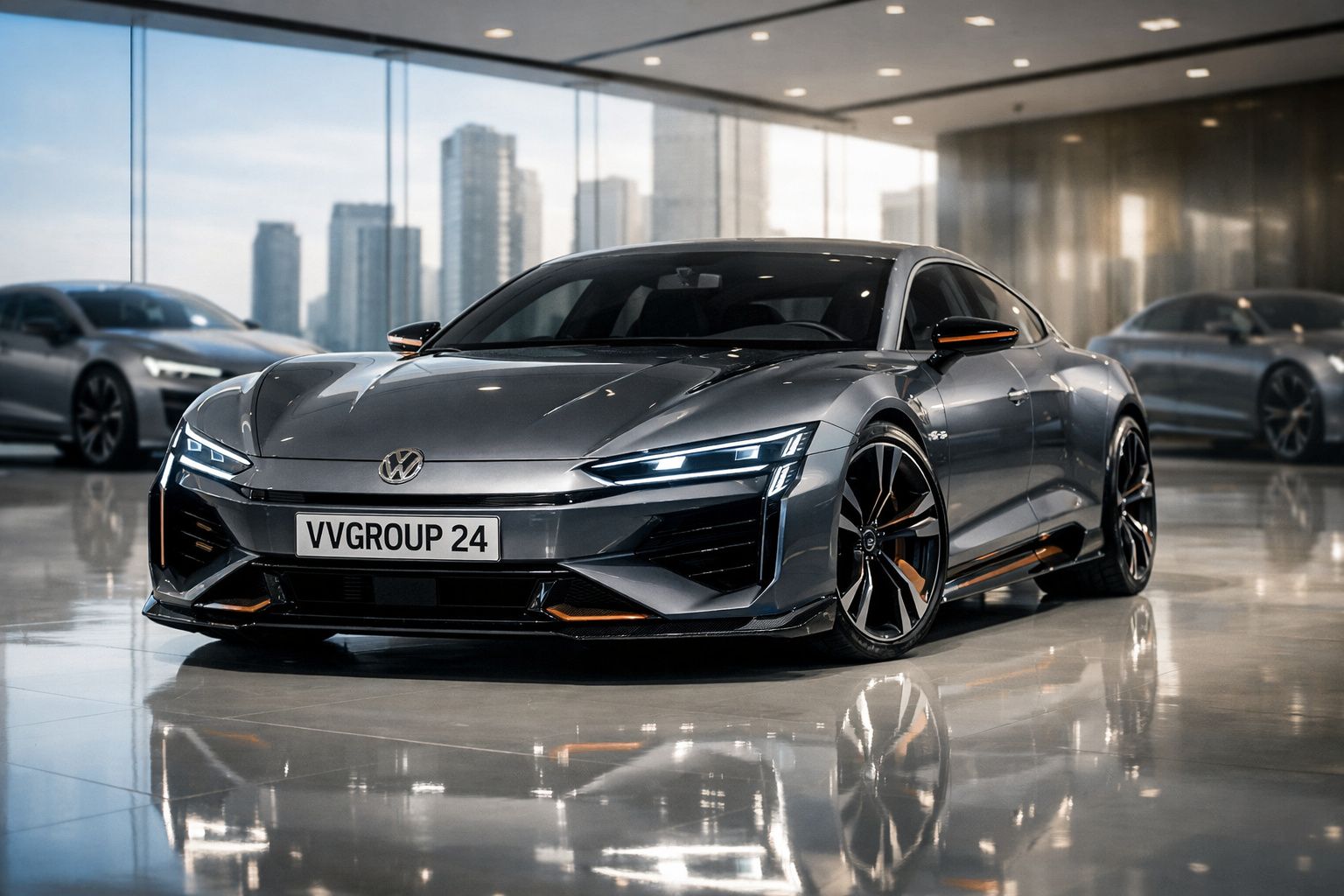 Carro desportivo elétrico cinza Volkswagen com design moderno e linhas aerodinâmicas num showroom urbano.