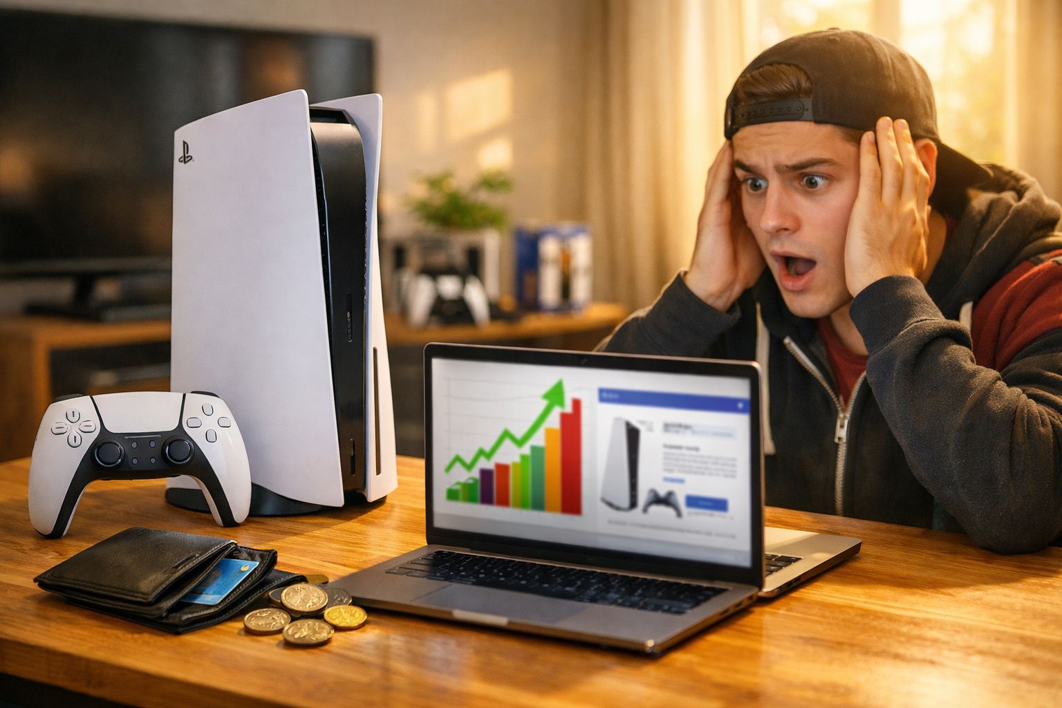 Homem surpreendido olhando para gráfico de vendas crescente da PlayStation 5 num portátil.