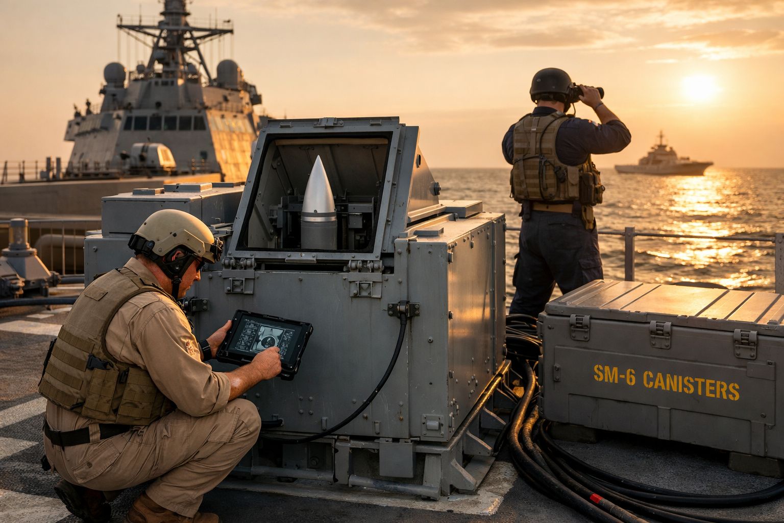 Dois militares em farda em convés de navio de guerra ao pôr do sol, com equipamento militar e munições.