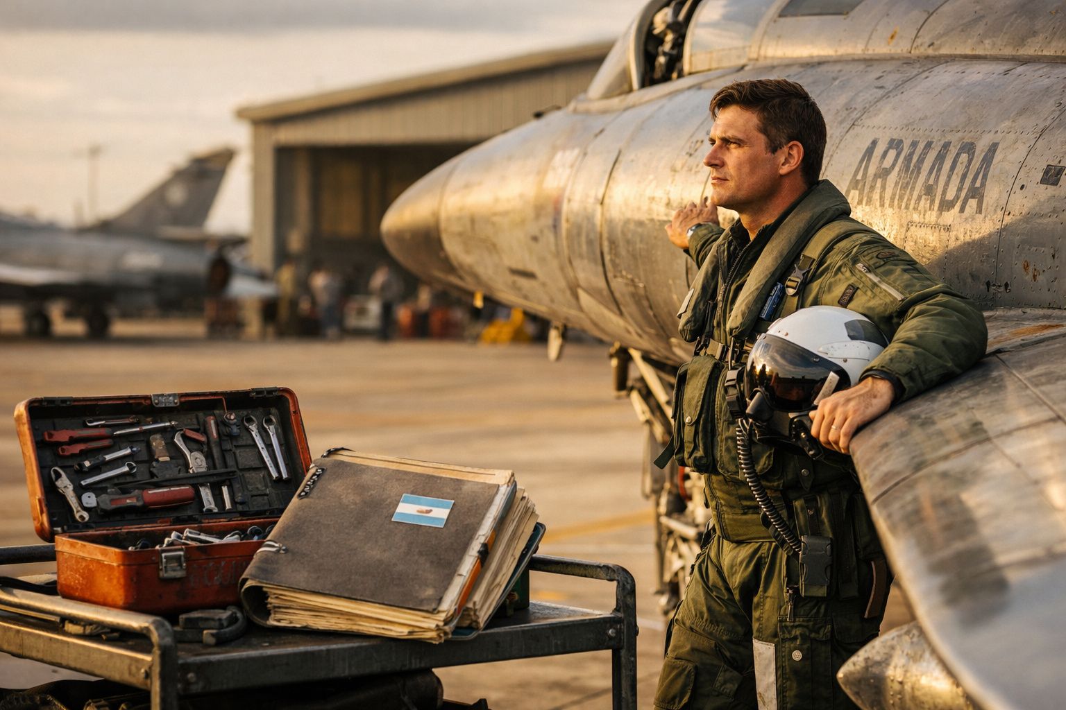Piloto militar em uniforme encostado a avião de caça com capacete na mão, perto de caixa de ferramentas e pasta.