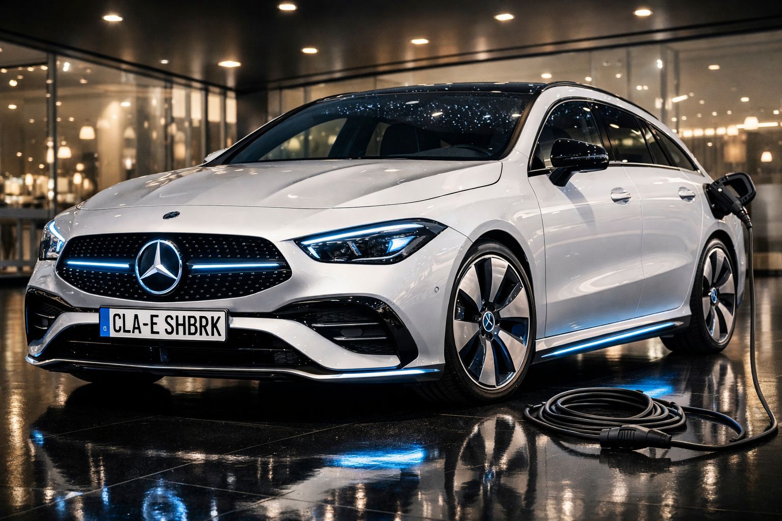 Carro elétrico Mercedes-Benz branco a carregar numa estação de carregamento em ambiente urbano noturno.