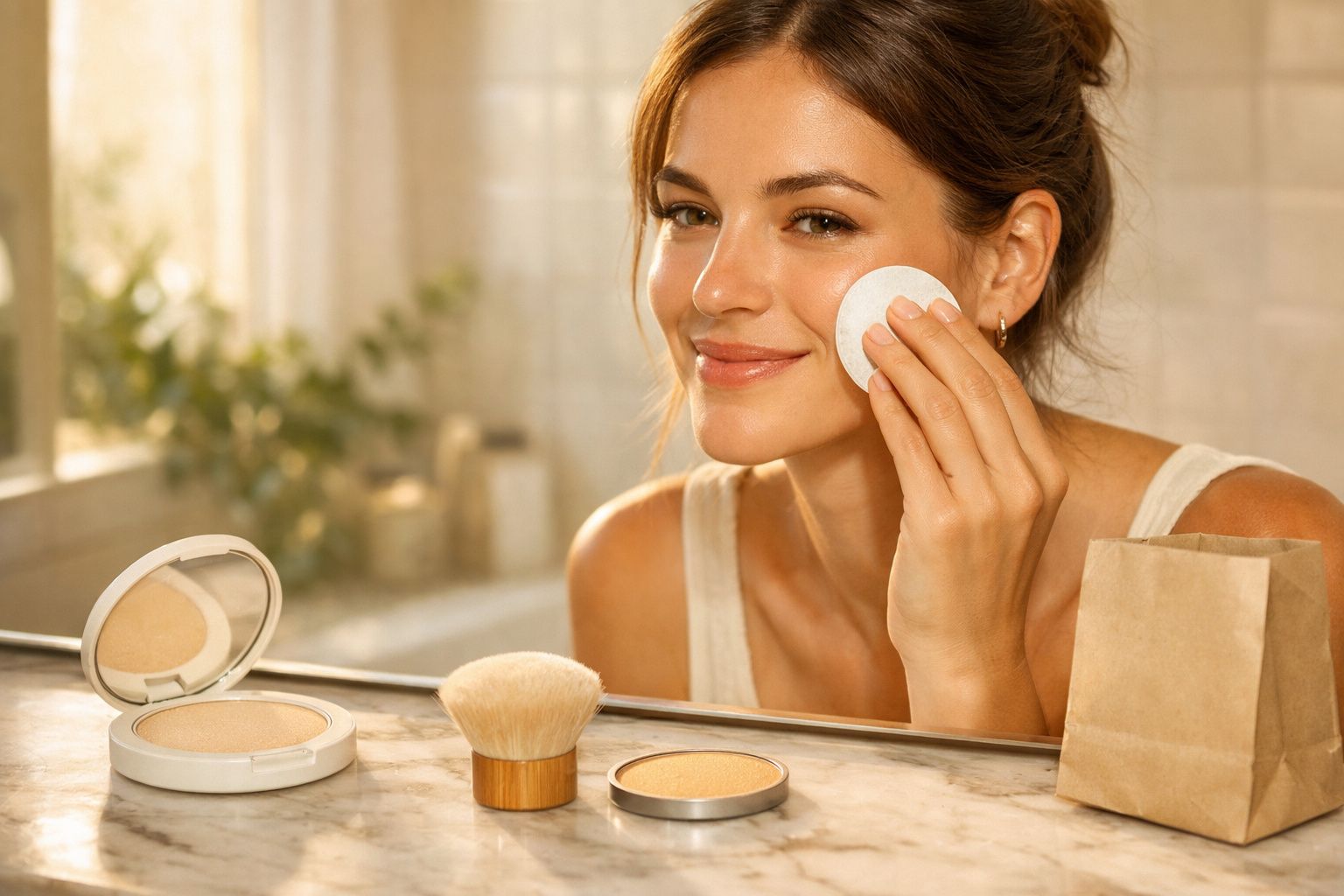 Mulher a aplicar produto de maquilhagem no rosto em frente a um espelho no quarto de banho.