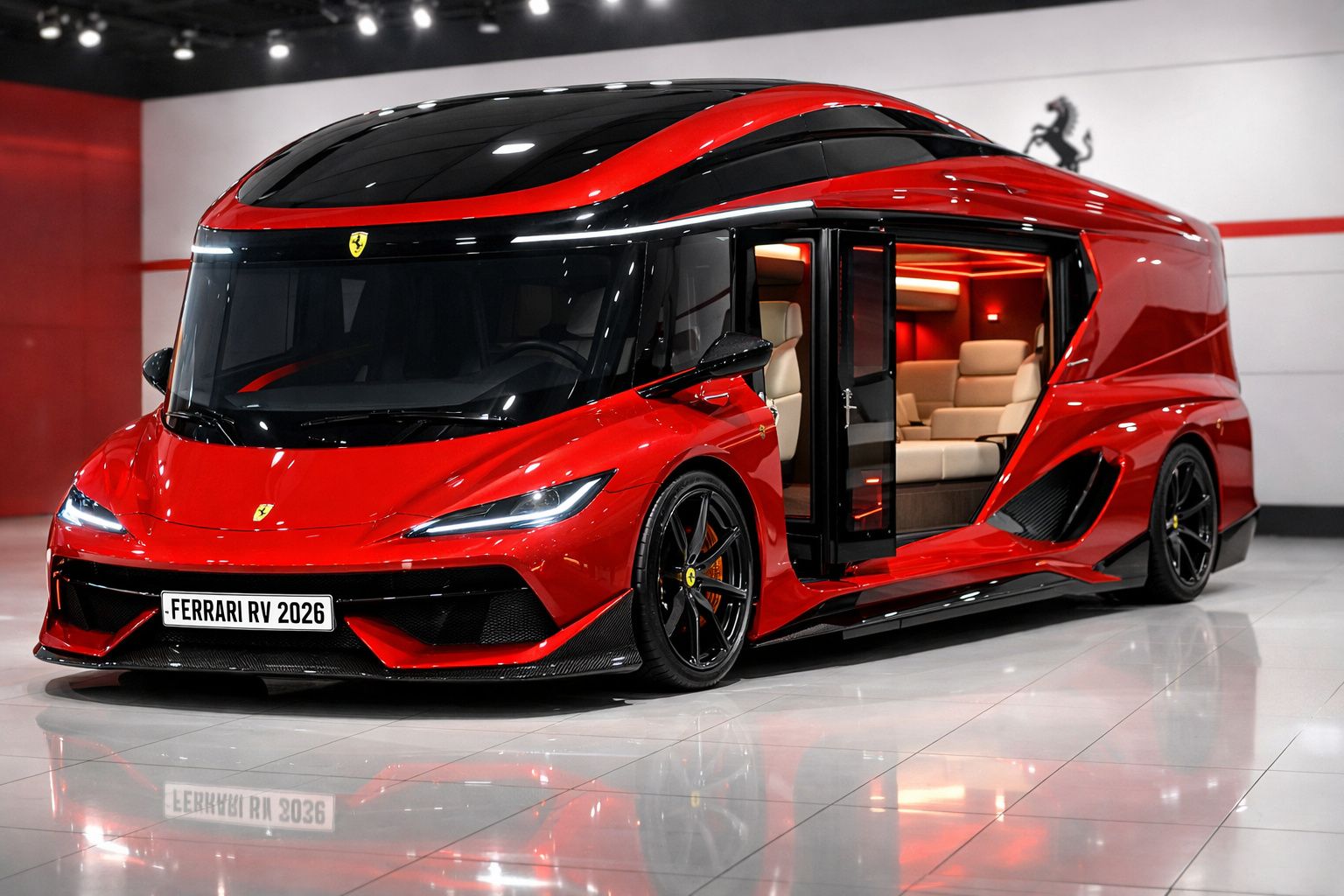 Veículo desportivo futurista vermelho Ferrari com portas abertas e interior luxuoso com sofás bege.