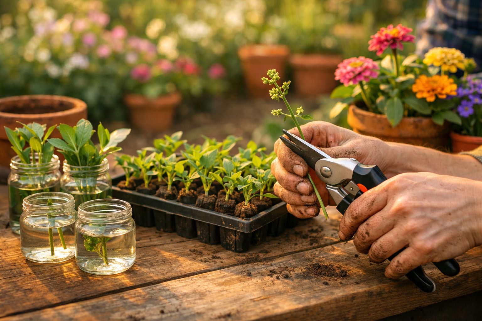 Mãos sujas a podar uma planta com tesoura, em cima de mesa de madeira com vasos e plantas jovens.