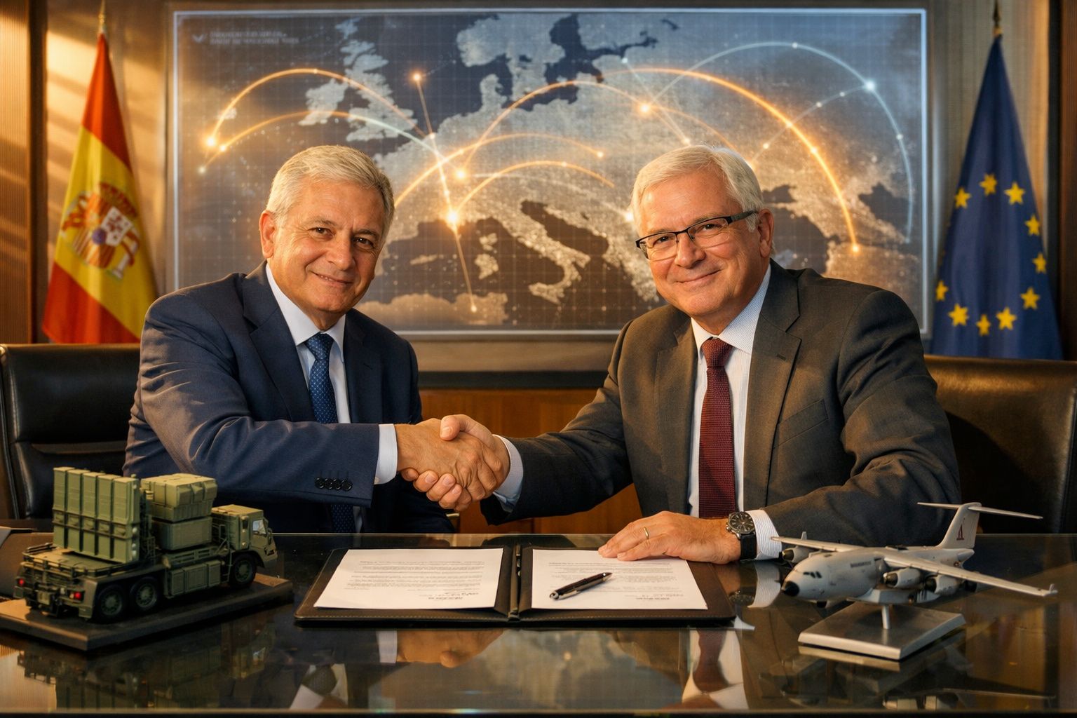 Dois homens de fato apertam as mãos sentados numa mesa com documentos, maqueta de avião e veículo militar, com bandeiras ao f