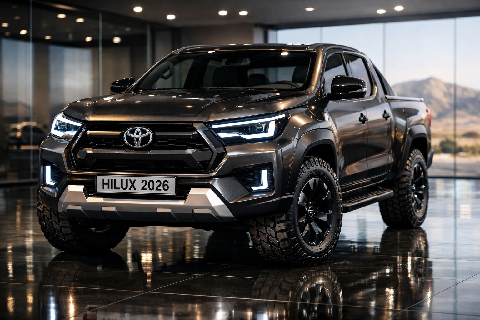 Picape Toyota Hilux 2026 preta com faróis modernos e pneus robustos em showroom.