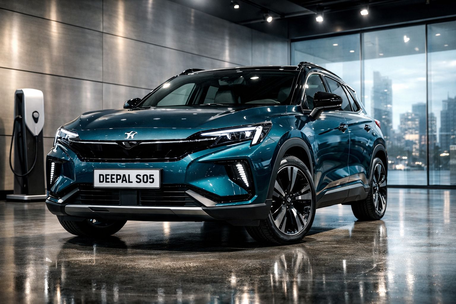 Carro elétrico azul escuro Deepal S05 estacionado em espaço interior moderno com carregador.