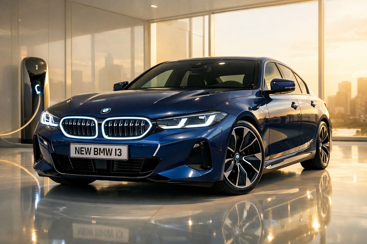 Automóvel BMW i3 azul estacionado numa garagem moderna com carregador elétrico ao fundo.