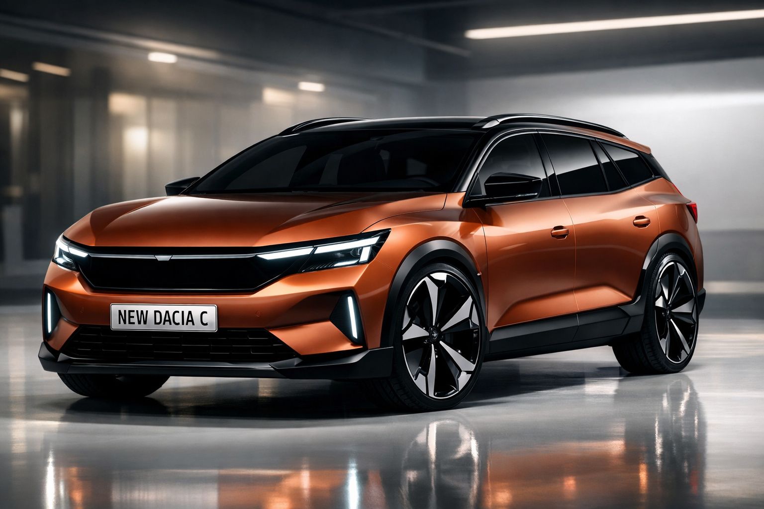 Carro Dacia C novo modelo crossover laranja brilhante em ambiente interior moderno e luminoso.