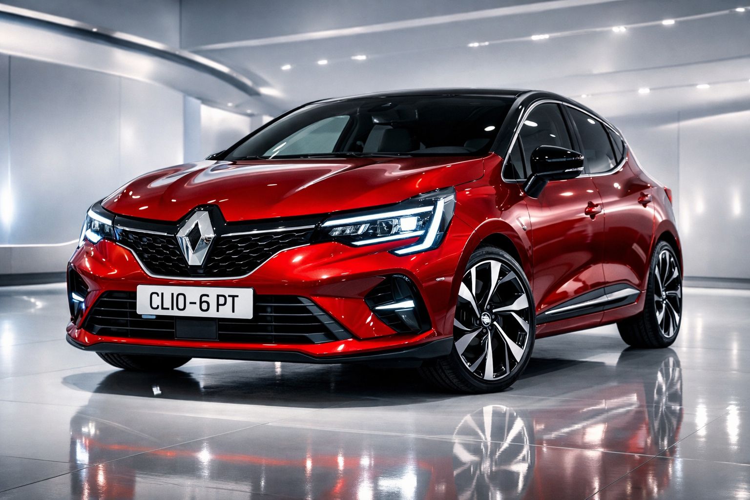 Carro Renault Clio vermelho brilhante estacionado num espaço interior moderno e iluminado.