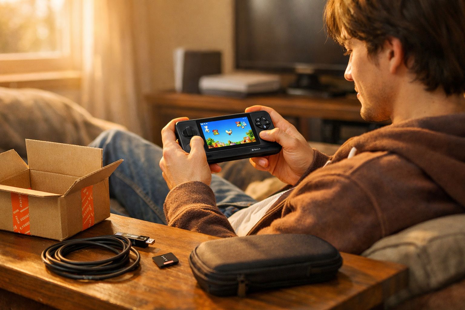 Homem sentado no sofá a jogar numa consola portátil com ambiente acolhedor e acessórios sobre a mesa.