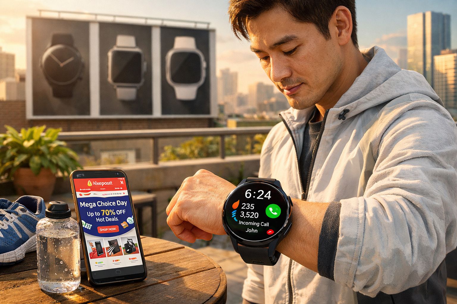 Homem a olhar para relógio inteligente com chamada recebida, smartphone ao lado com promoção de venda online.