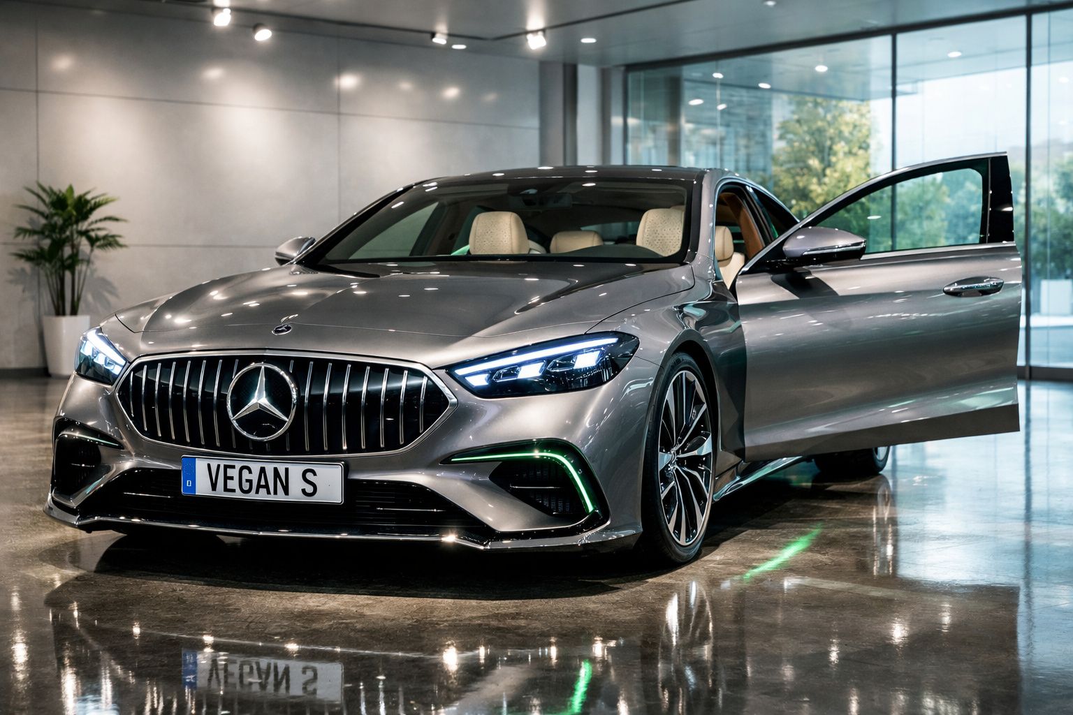 Carro Mercedes-Benz cinzento com faróis ligados e porta dianteira aberta num showroom moderno.