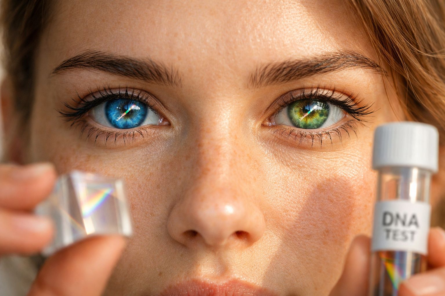 Rosto mulher com olhos de cores diferentes, segurando prisma e tubo com rótulo "DNA TEST".