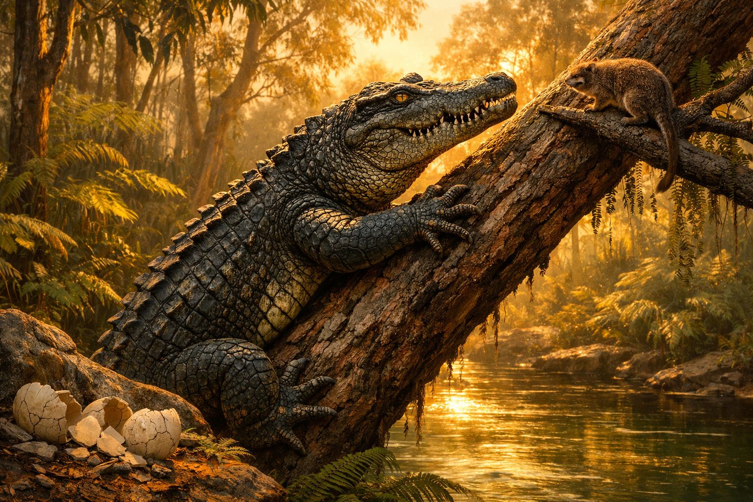 Jacaré jovem sobe numa árvore inclinada perto de um esquilo numa floresta banhada por luz dourada ao pôr do sol.