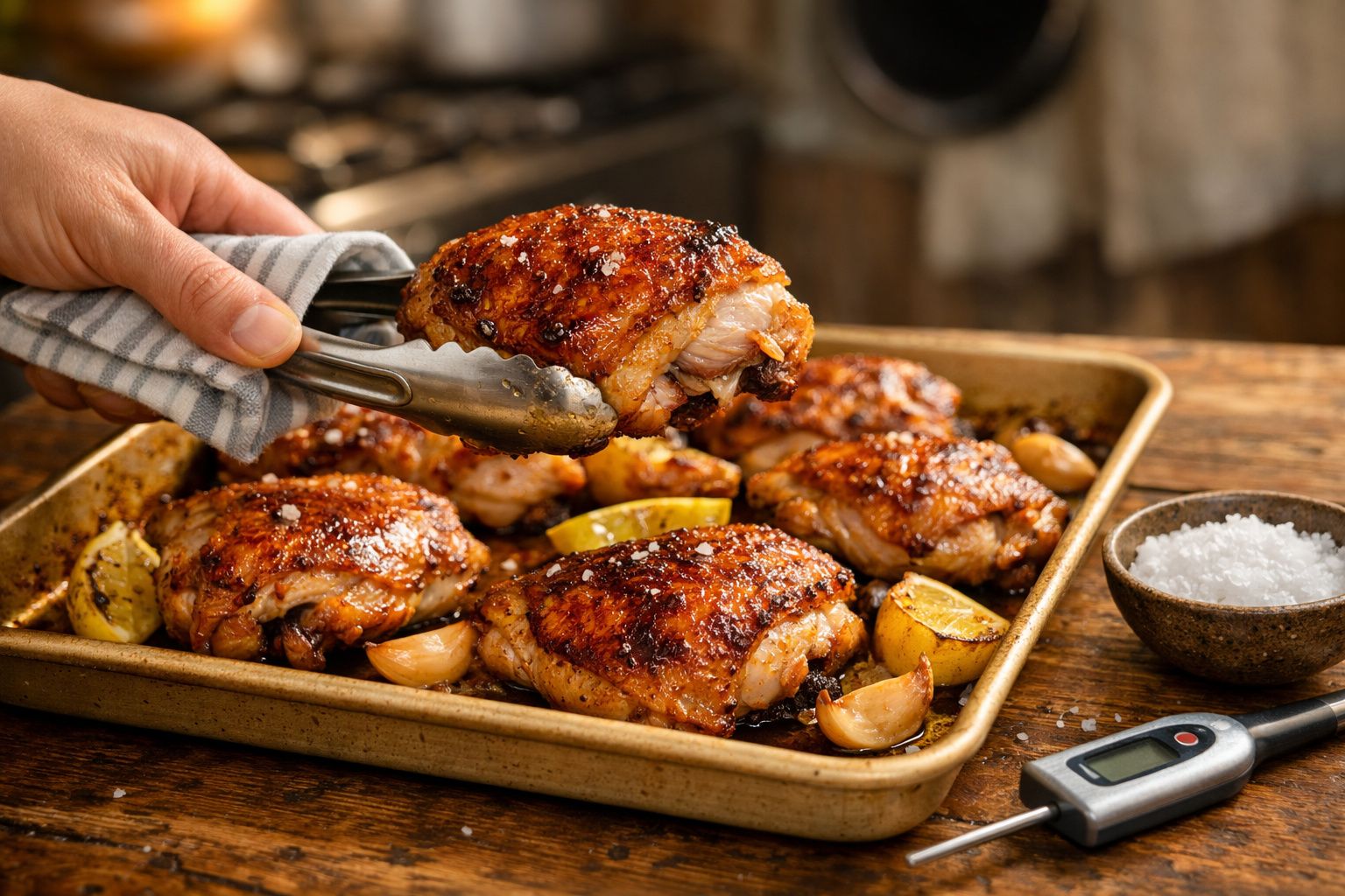 Peito de frango assado com pele crocante, alho e limão numa assadeira, com termómetro e sal grosso ao lado.