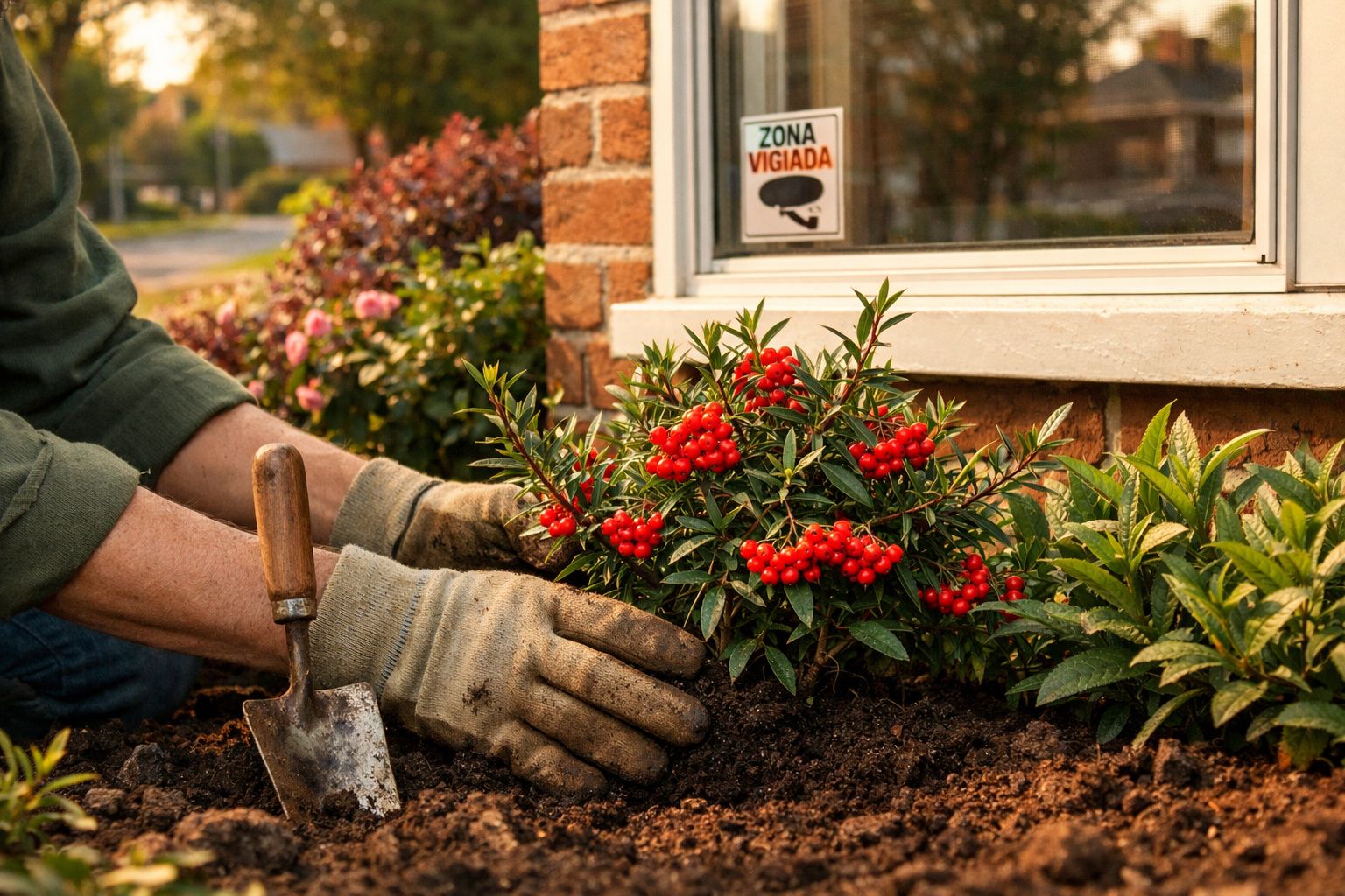 Mãos com luvas a plantar arbusto com bagas vermelhas na terra junto a parede de tijolos e janela com aviso.
