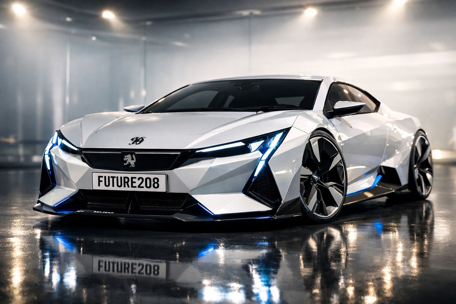 Carro desportivo elétrico futurista branco, com linhas angulares e luzes LED azuis, estacionado em piso refletor.