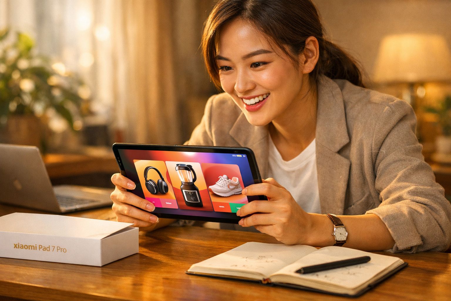 Mulher sorridente segura tablet mostrando compras online de fones, liquidificador e sapatilhas.