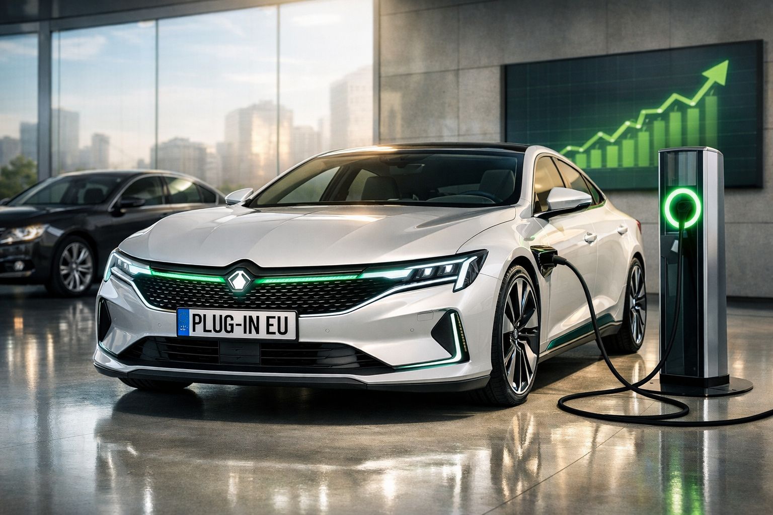Carro elétrico branco a carregar numa estação de carregamento com gráfico de crescimento no fundo.