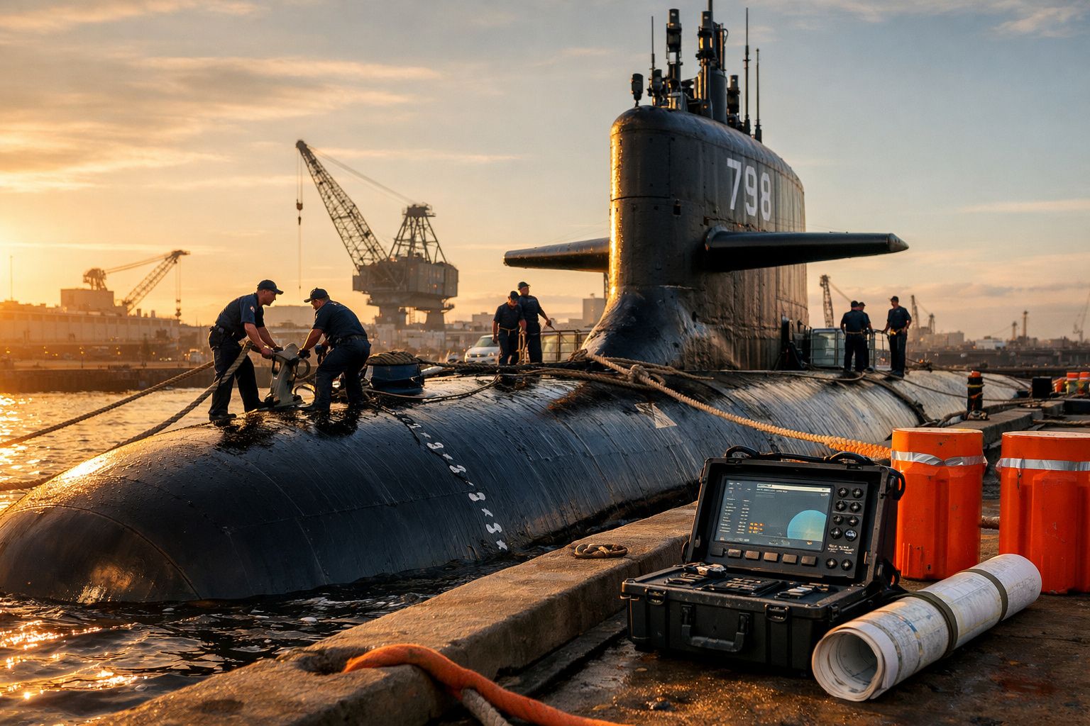 Submarino ancorado no porto com marinheiros a trabalhar ao pôr do sol, equipamento de navegação visível.