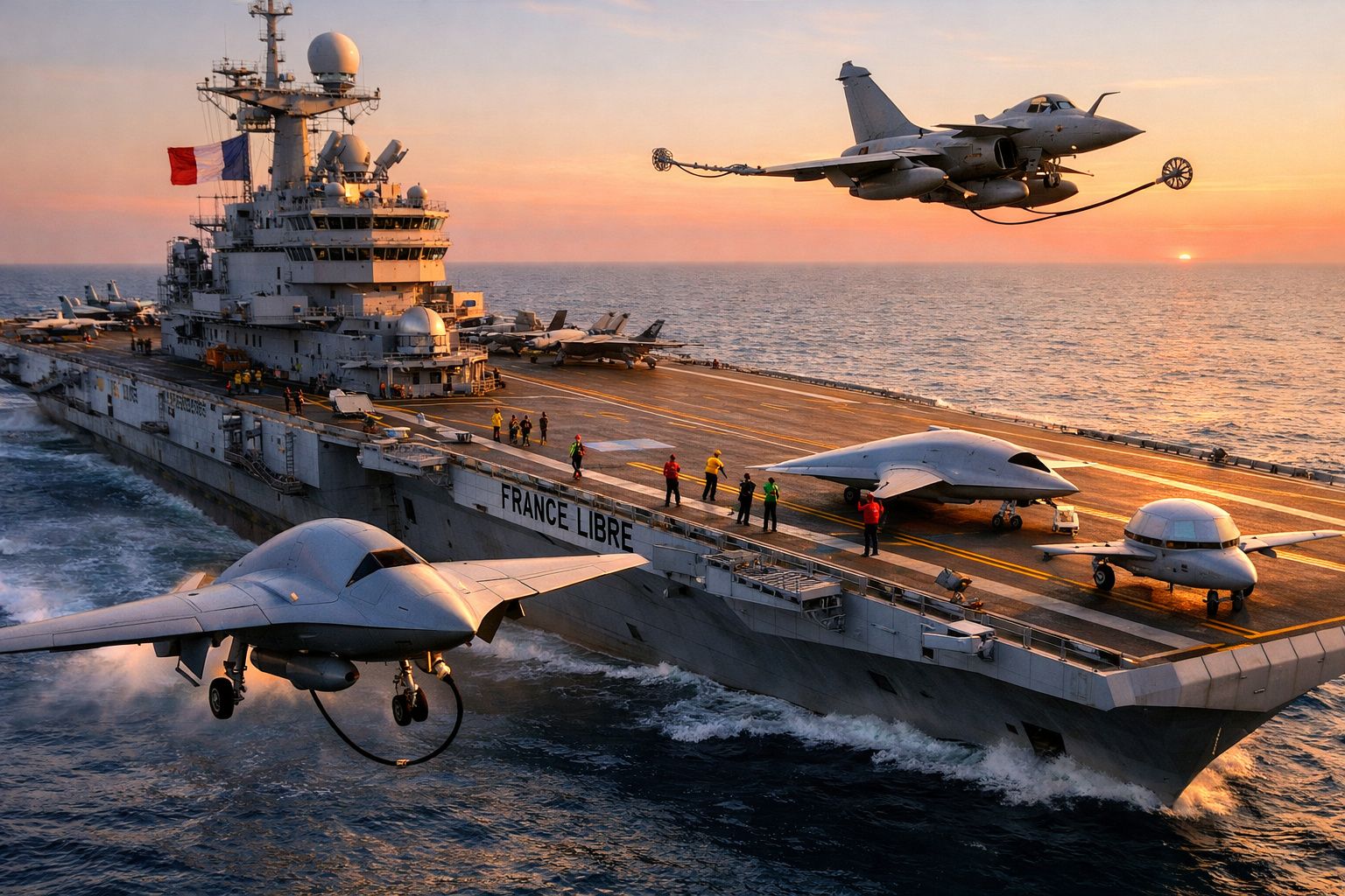 Porta-aviões ao pôr do sol com aviões de combate e drones militares em missão no mar.