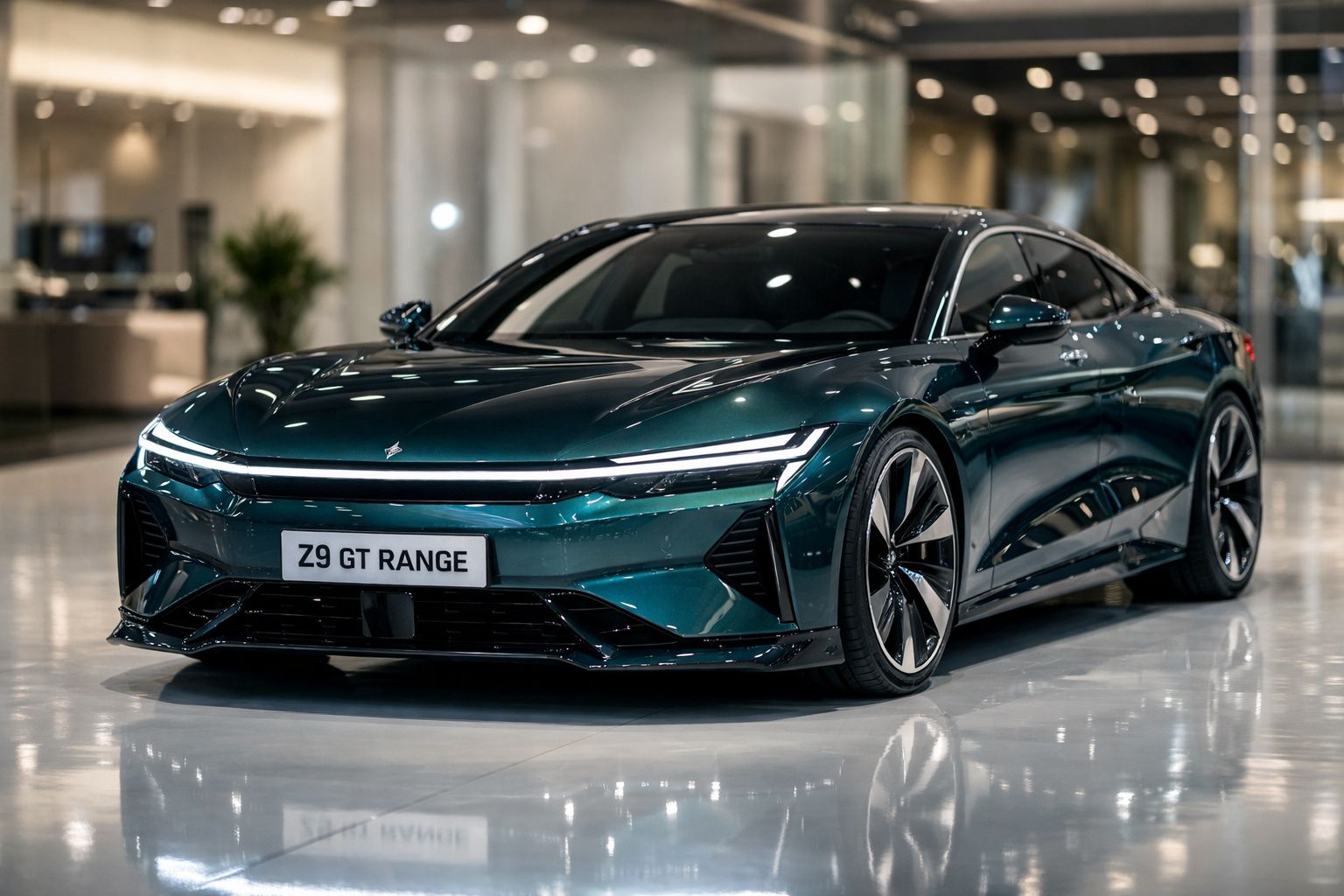 Carro eléctrico desportivo azul escuro Z9 GT Range com design moderno e linhas elegantes, exibido em showroom.