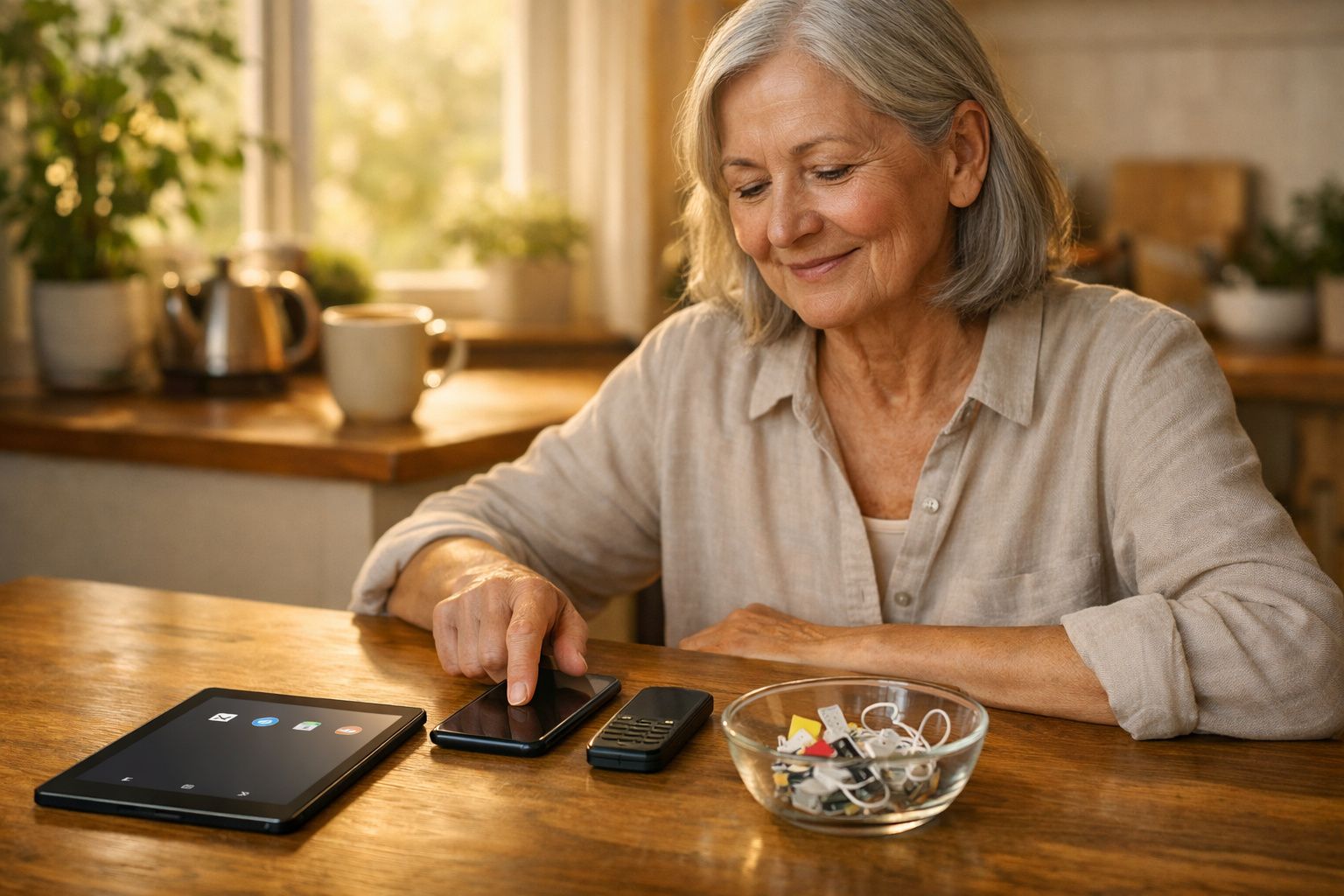 Mulher sénior sorridente usa smartphone numa mesa com tablet, telemóvel antigo e acessórios diversos, luz natural.