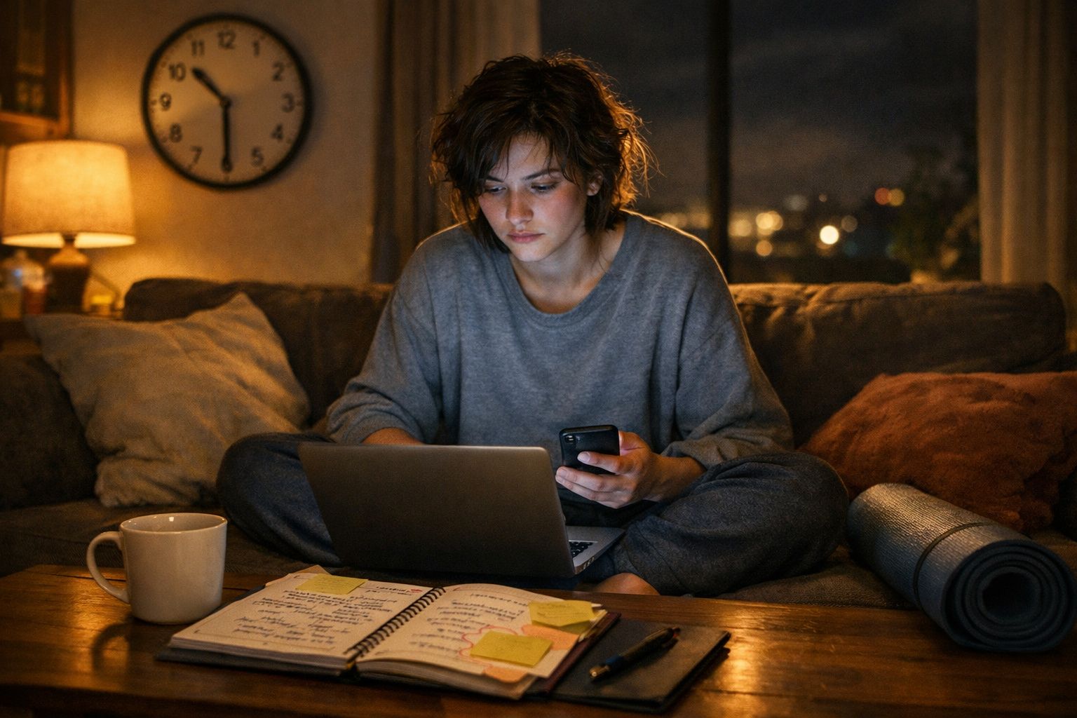 Jovem sentada no sofá à noite a usar computador portátil e telemóvel, com caderno e chá numa mesa à frente.