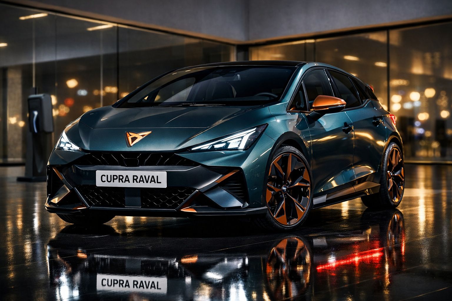 Carro elétrico Cupra Raval verde escuro com detalhes laranja num ambiente urbano noturno.