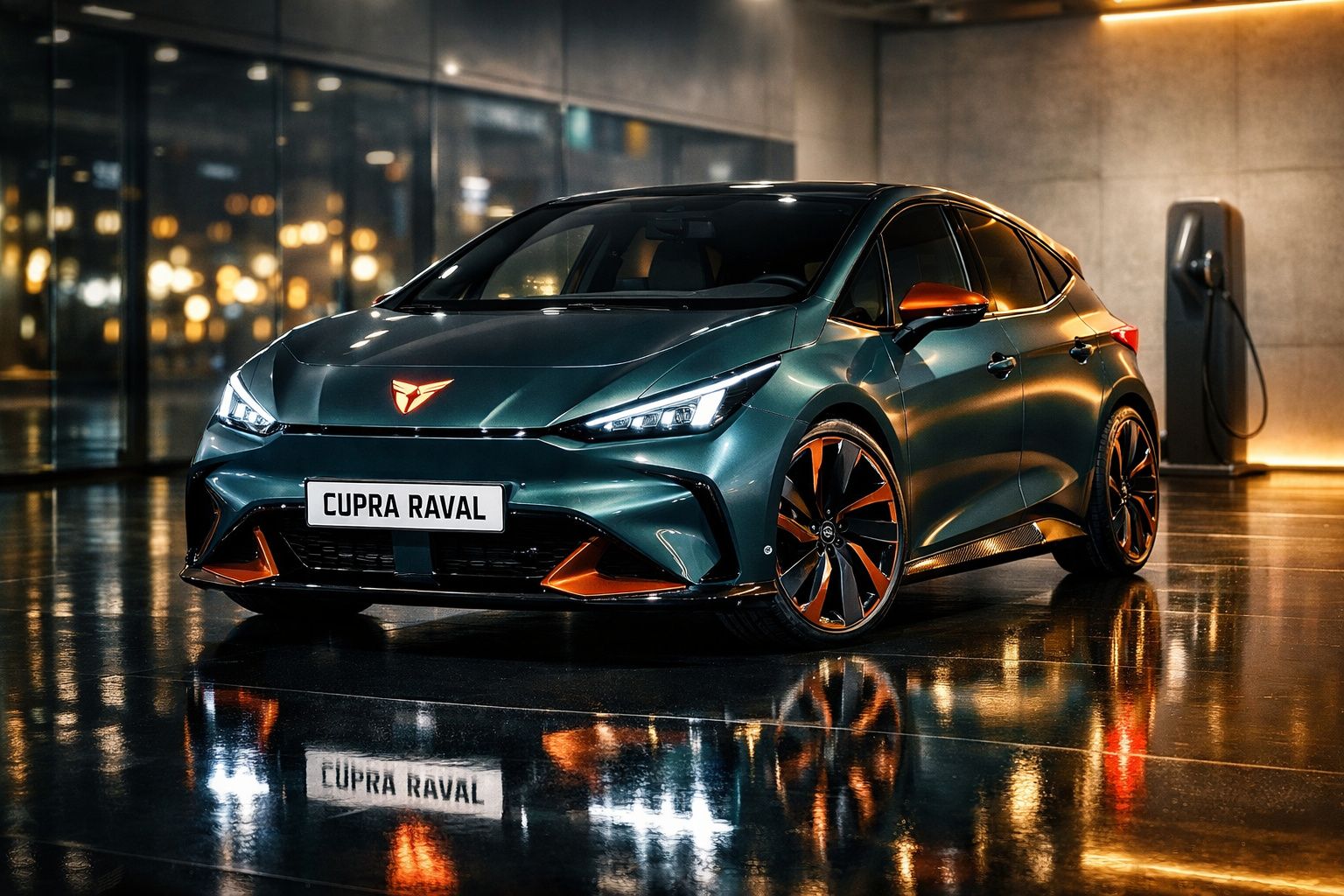 Cupra Raval verde escuro com detalhes laranja estacionado junto a posto de carregamento elétrico.