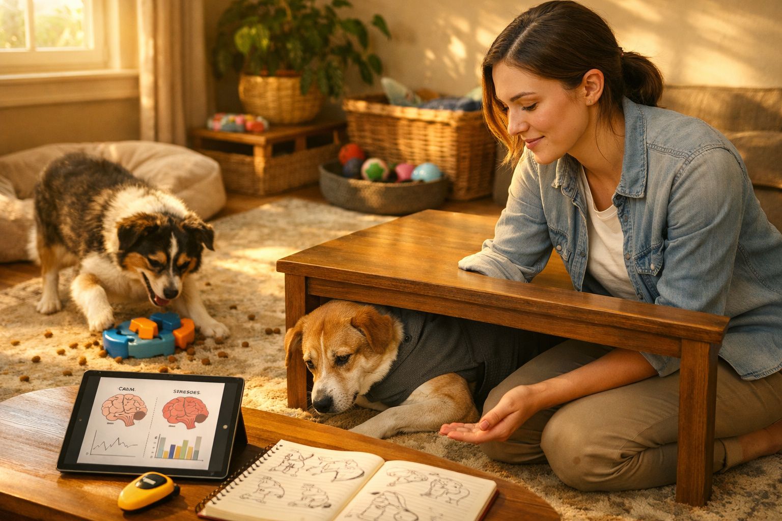Mulher sentada no chão junto a dois cães e um tablet com gráficos sobre cérebro calmo e estressado.